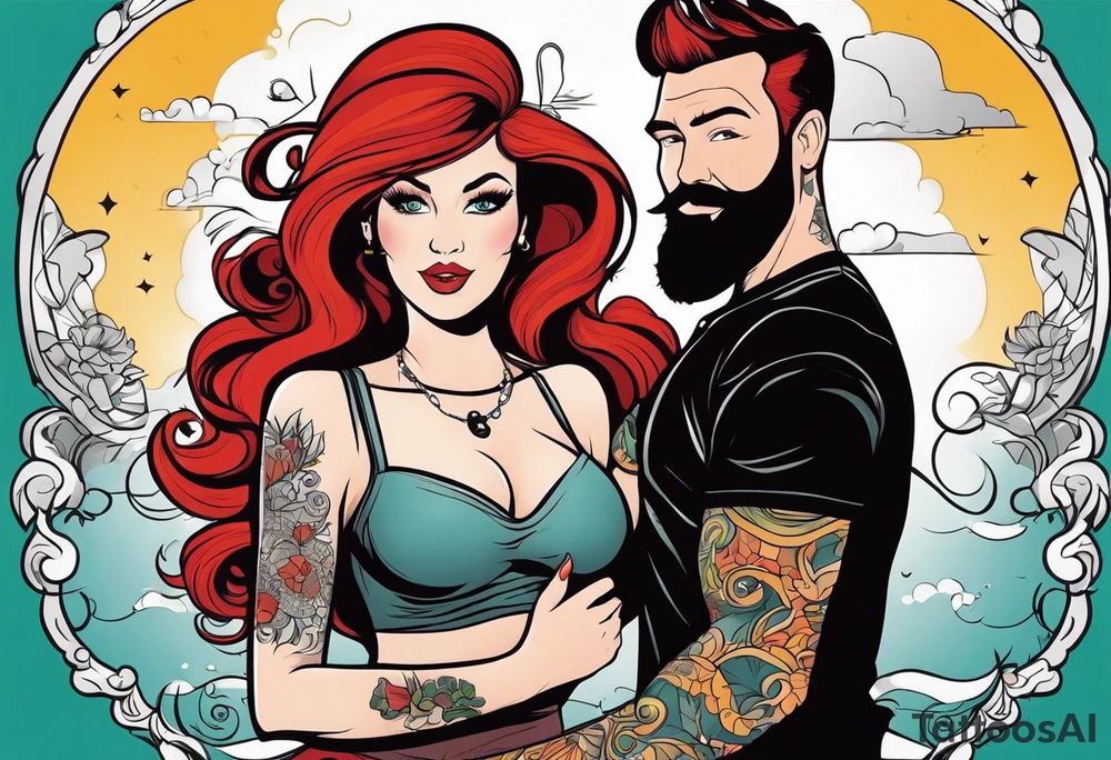 Busty red haired woman with a bearded man who has black hair tattoo idea