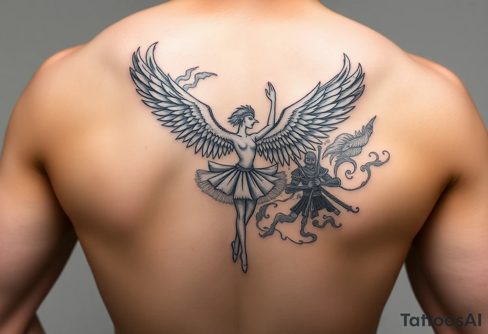 feathery soft tattoo, fine line, with a phoenix, a ballet dancer and a samurai. tattoo idea