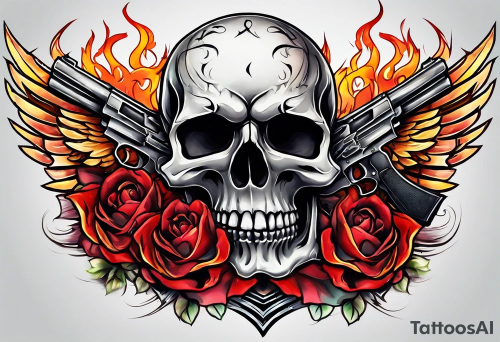 skull with a gun a  rose and dominated by a  heart with wings and  flames coming out of the top of it tattoo idea