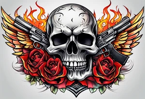 skull with a gun a  rose and dominated by a  heart with wings and  flames coming out of the top of it tattoo idea