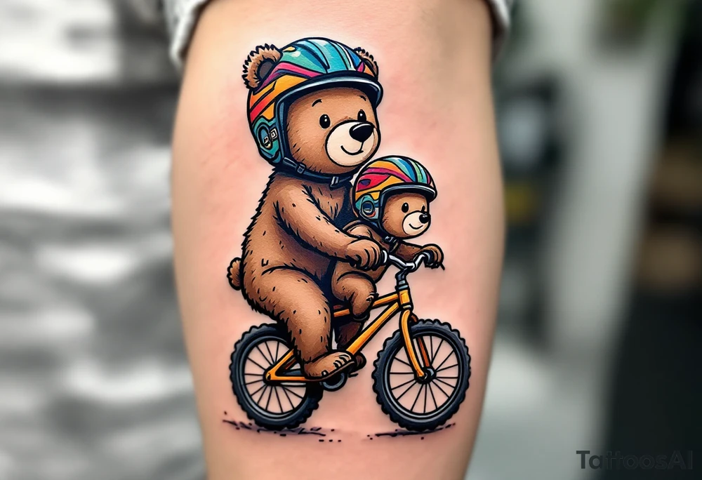 A bear and cub riding a bike together, drawn in simple round shapes with brown fur and colorful helmets. tattoo idea