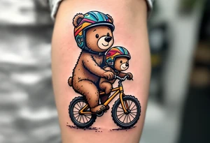 A bear and cub riding a bike together, drawn in simple round shapes with brown fur and colorful helmets. tattoo idea