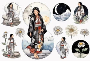 a beautiful 50-year-old Anishinaabe woman wearing black and white robes standing on the moon with a chrysanthemum tattoo idea