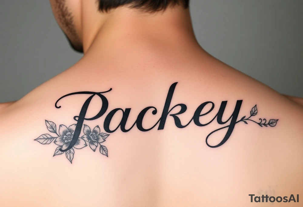 The name packey in cursive with floral tattoo idea