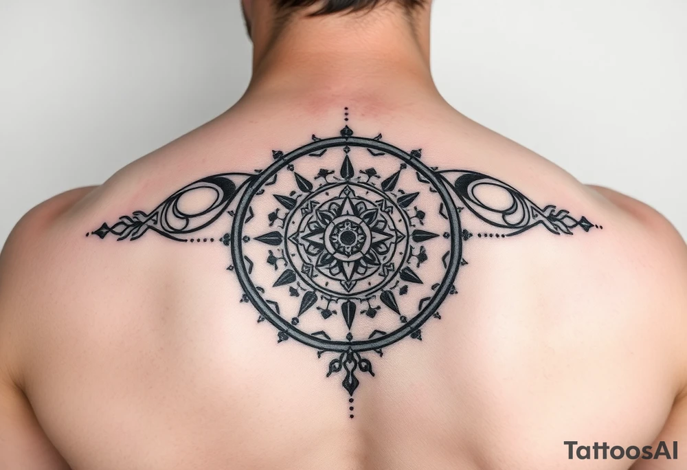 Minimalist style tattoo with oranental design with symbolism and dot work , full back tattoo idea