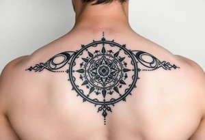 Minimalist style tattoo with oranental design with symbolism and dot work , full back tattoo idea