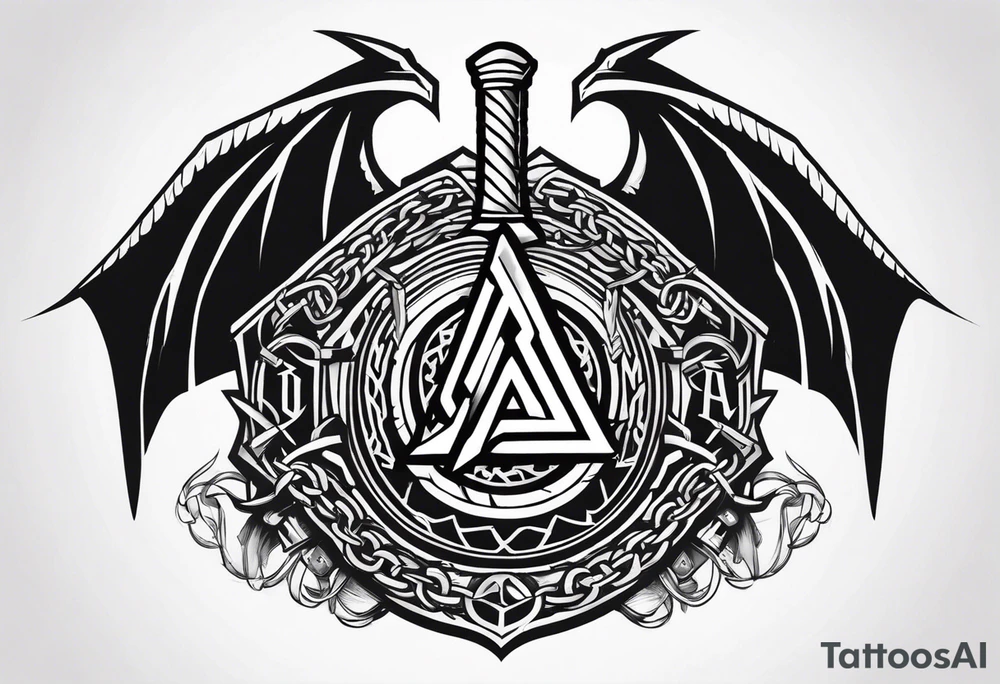 Valhalla sword shield dragon axe Valknut barbed wire chains tattoo idea Valhalla sword shield dragon axe Valknut barbed wire chains tattoo idea