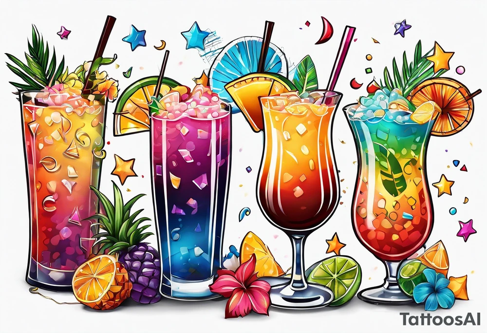 party confetti, music notes, tropical drinks, beachy tattoo idea