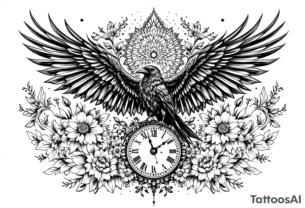 mandala winged black raven surrounded by flowers standing on a clock face tattoo idea