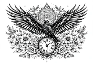 mandala winged black raven surrounded by flowers standing on a clock face tattoo idea