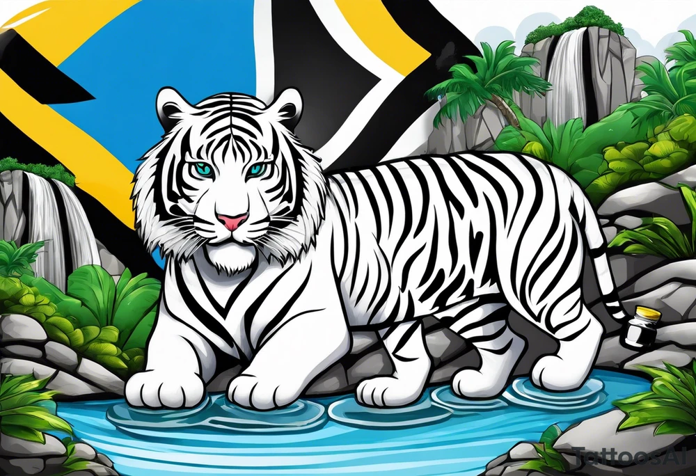 Two tigers: a white tiger and black tiger on opposite sides of a waterfall with an calligraphy ink container at the top and the Bahamas and Jamaica flag on opposite sides. tattoo idea