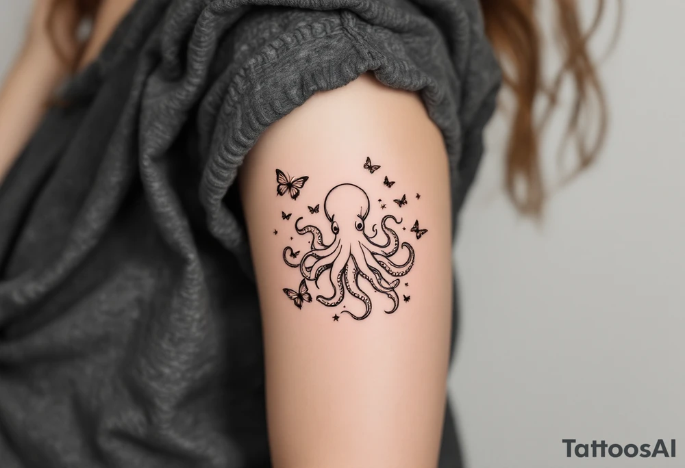 minimalist octopus, surrounded by butterflies and oceanic items, brown ink tattoo idea