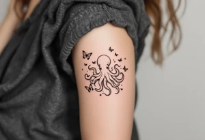 minimalist octopus, surrounded by butterflies and oceanic items, brown ink tattoo idea