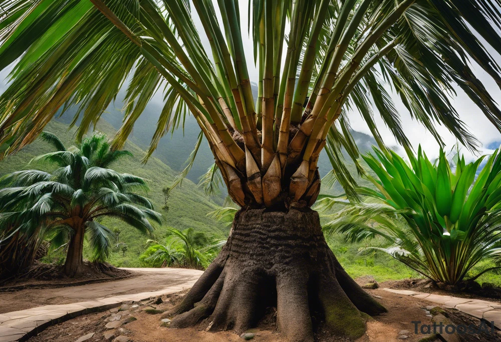Tattoo: A striking Gachala emerald sits at the base of a tall quindio wax palm, which grows resiliently from cracks in rugged, rocky soil. The emerald is the main focal point, symbolizing strength and endurance, while the wax palm, rooted in the soil’s crevices, represents growth and resilience. A small water stream flows gently from the rocks, adding an element of life and nourishment. Style: Micro-Realism. tattoo idea