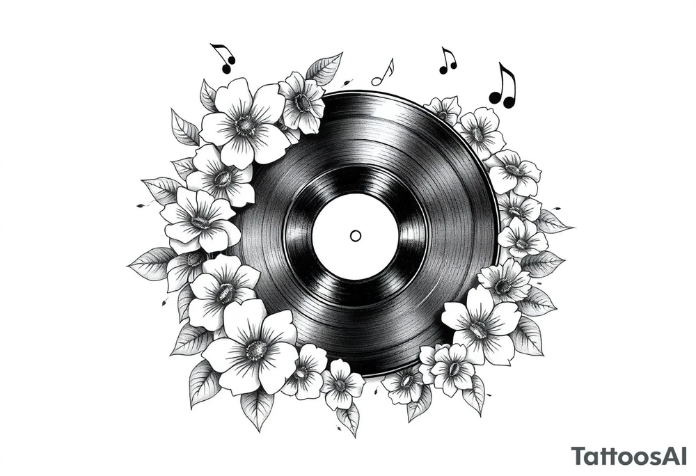 vinyl record surrounded by flowers, mushrooms, and music notes tattoo idea