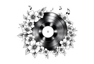 vinyl record surrounded by flowers, mushrooms, and music notes tattoo idea