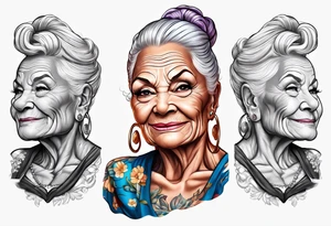 Muscular old lady bodybuilder posing. tattoo idea