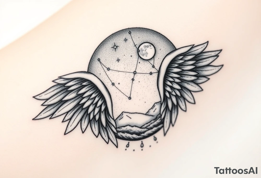 Night sky with constellation, stars & moon seen from a frame of natural landscape angel wings spiritual tattoo idea