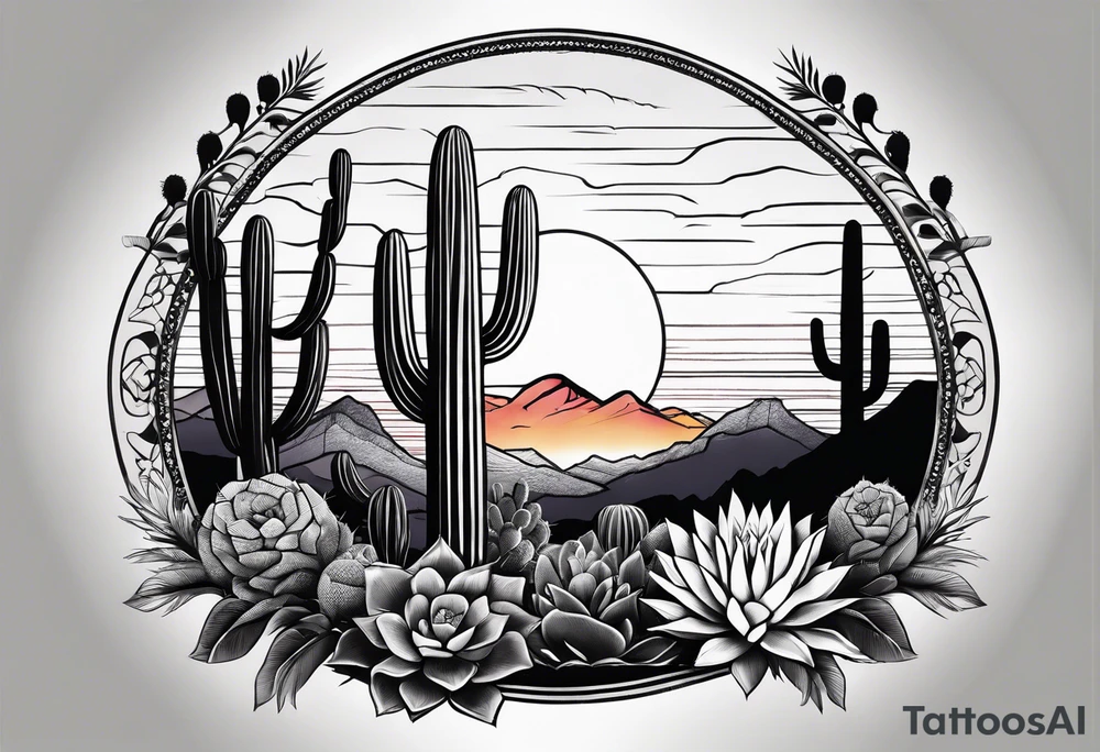 Forearm vertical, cactus, sunset, mountain tattoo idea