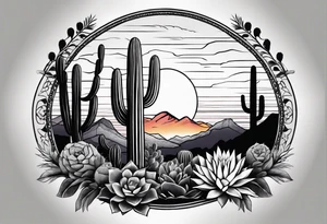 Forearm vertical, cactus, sunset, mountain tattoo idea