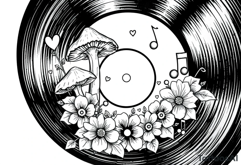 vinyl record with mushrooms, flowers, hearts, and music notes tattoo idea