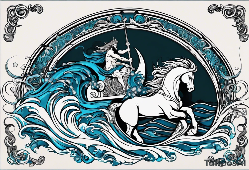 Poseidon (Left Upper Arm):

Poseidon riding a chariot pulled by sea horses, with waves crashing around them.
Poseidon wielding his trident with a powerful stance, commanding the sea.
Dolphins and fish swimming through the waves, along with swirling patterns to represent the movement of water. tattoo idea