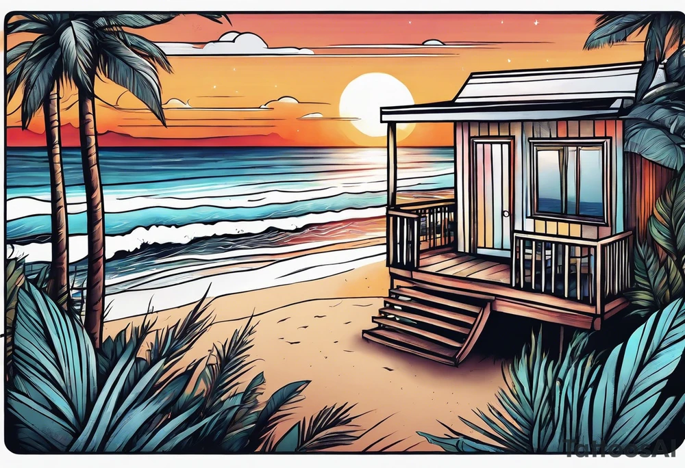 negative space linework cabana on a beach at sunset tattoo idea