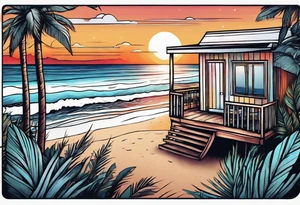 negative space linework cabana on a beach at sunset tattoo idea