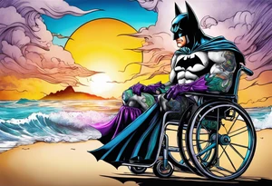 realistic batman fighting Joker from a wheelchair on the beach tattoo idea