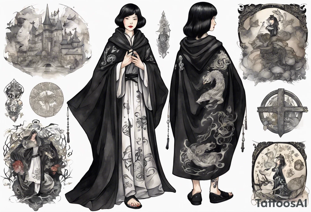 a 50-year-old black-haired woman dressed in a black and white medieval cloak, wearing slippers, surrounded in darkness tattoo idea