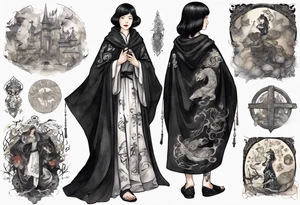 a 50-year-old black-haired woman dressed in a black and white medieval cloak, wearing slippers, surrounded in darkness tattoo idea