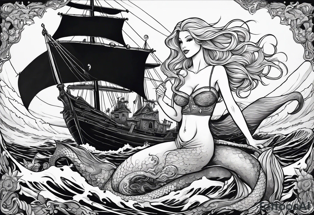 Beautiful blond mermaid with merman son riding a giant octopus with her dog in the ocean with a pirate ship in the distance tattoo idea