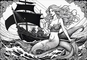 Beautiful blond mermaid with merman son riding a giant octopus with her dog in the ocean with a pirate ship in the distance tattoo idea