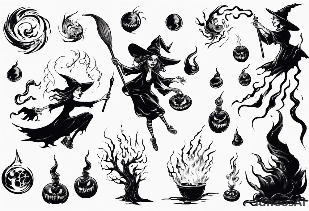 a witch casting a fireball tattoo idea