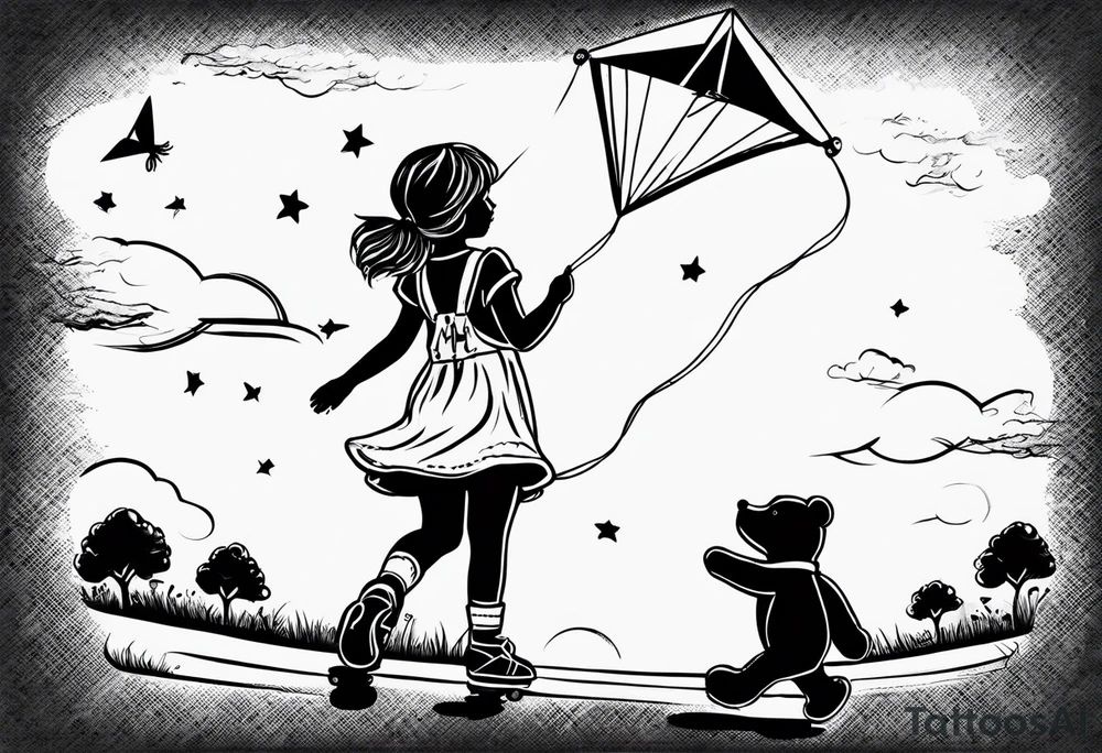 a little girl flying a kite, holding the hand of a teddy bear in yellow overalls and roller skates and the words "Go Fly A Kite" spelled out in the kite strings tattoo idea