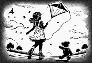 a little girl flying a kite, holding the hand of a teddy bear in yellow overalls and roller skates and the words "Go Fly A Kite" spelled out in the kite strings tattoo idea