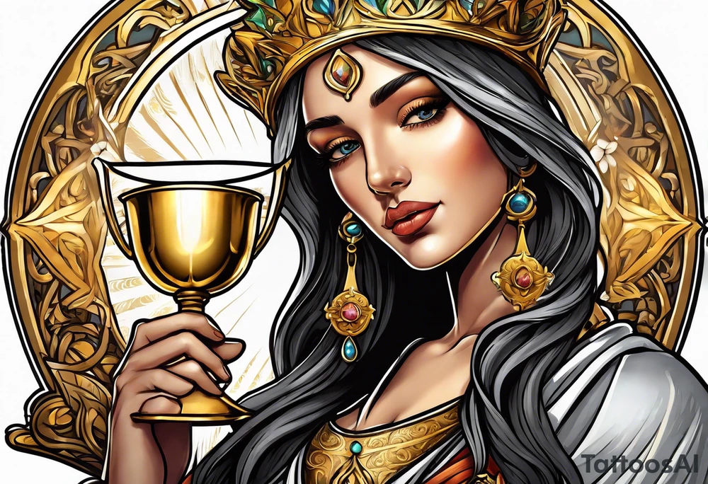 woman saint holding chalice surrounded by golden halo tattoo idea