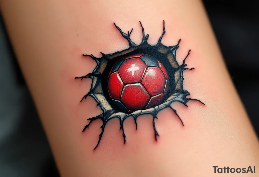 A torn-skin tattoo showing a red soccer ball beneath the skin, emblazoned with the Slavia crest. tattoo idea
