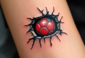 A torn-skin tattoo showing a red soccer ball beneath the skin, emblazoned with the Slavia crest. tattoo idea