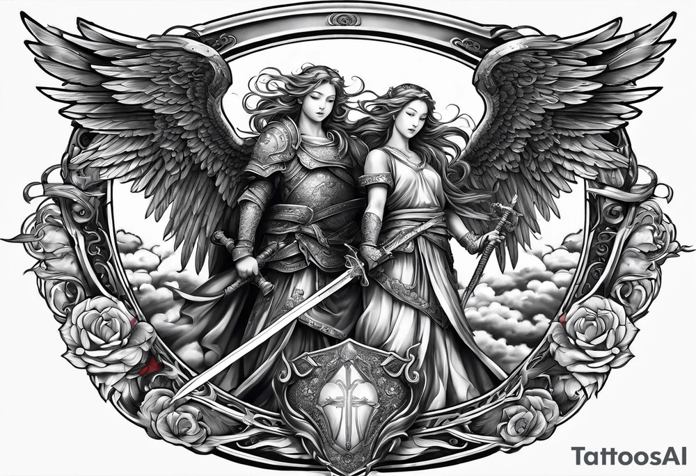 Angels with sword & Shield in sky tattoo idea