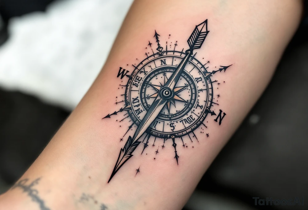 Rustic half compass half clock with a long native American arrow pointing at my wrist with the words “True North” tattoo idea
