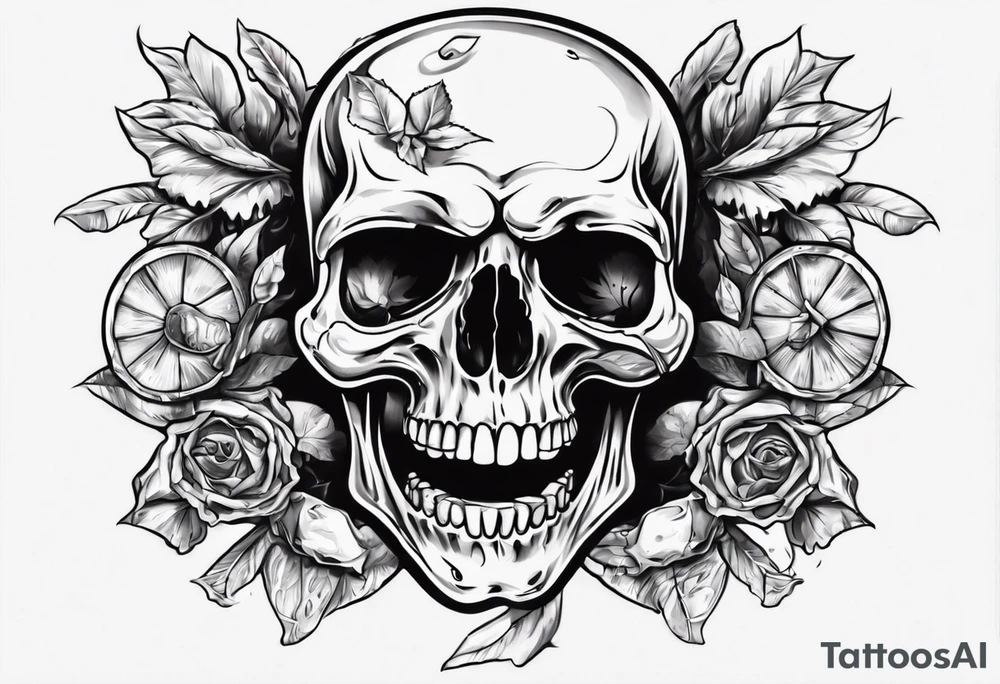 A smiling looking to the left scull inside the glass with alcohol and piece of lime tattoo idea