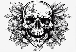 A smiling looking to the left scull inside the glass with alcohol and piece of lime tattoo idea