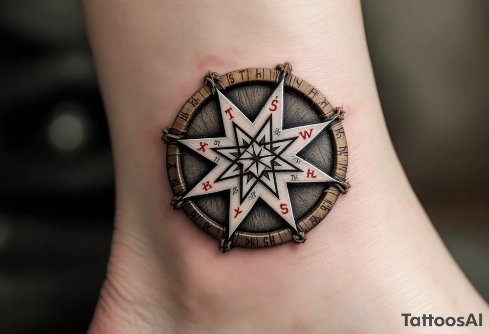 Rod’s Star — A radiant silver star with six intersecting arms inscribed with red runes, placed within a circular wooden medallion wrapped in twine. tattoo idea