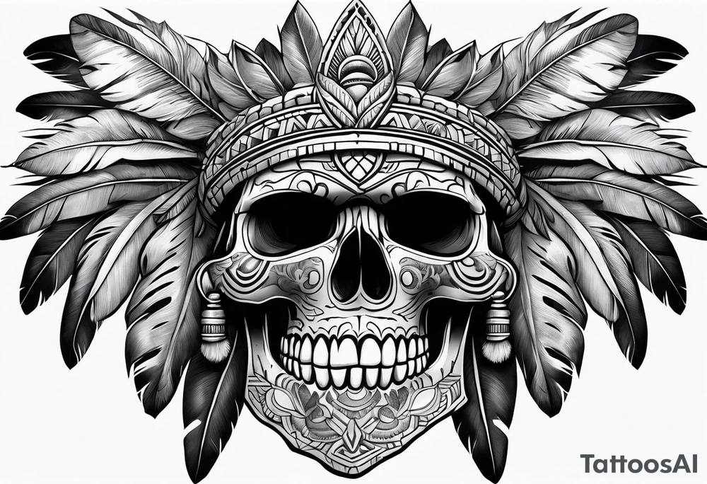 aztec style skull with large feathers surrounding head tattoo idea