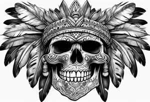 aztec style skull with large feathers surrounding head tattoo idea