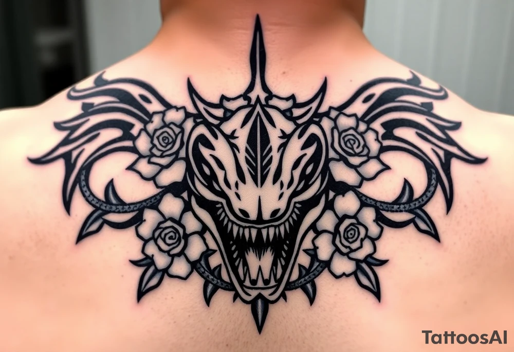 ornate hammerhead adorned with crown of wild roses and thorns tattoo idea
