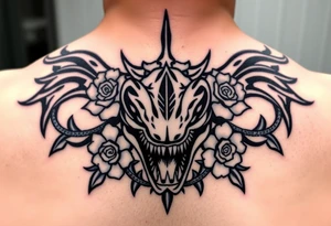 ornate hammerhead adorned with crown of wild roses and thorns tattoo idea