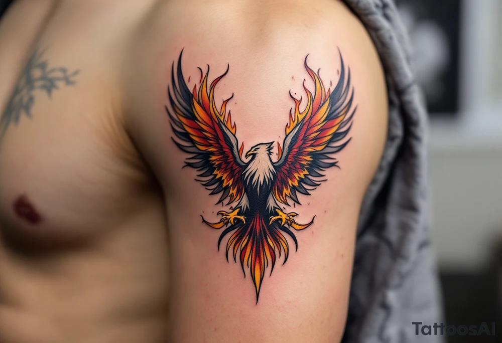 A mighty eagle emerging from golden flames, symbolizing rebirth, resilience, and the indomitable spirit of Silesia. The flames transition from deep red to gold, adding depth and intensity. tattoo idea