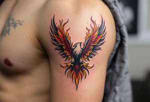 A mighty eagle emerging from golden flames, symbolizing rebirth, resilience, and the indomitable spirit of Silesia. The flames transition from deep red to gold, adding depth and intensity. tattoo idea